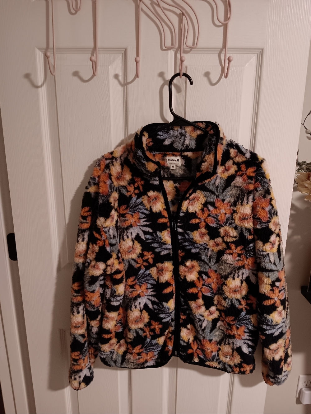 Hurley Black Floral Sherpa Jacket with Orange & Yellow Flowers. Medium NWT.